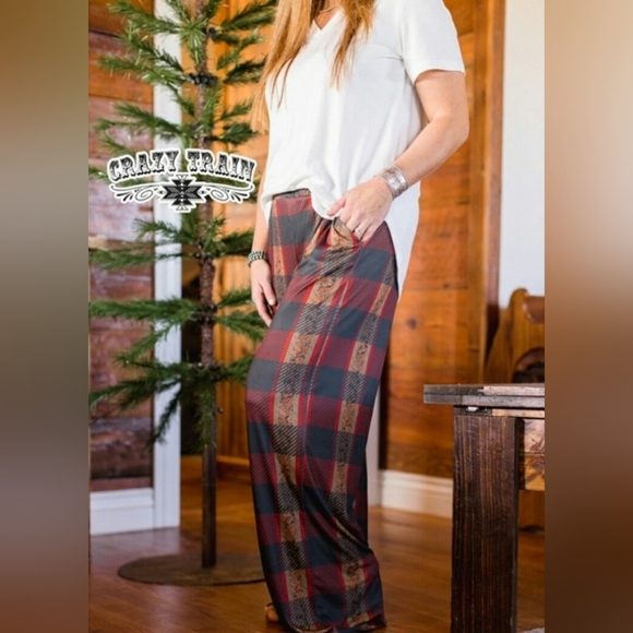 Crazy Train Western Buffalo Plaid W/ Tooled Leather Look Lounge Pants W/ Pockets - Picture 6 of 12